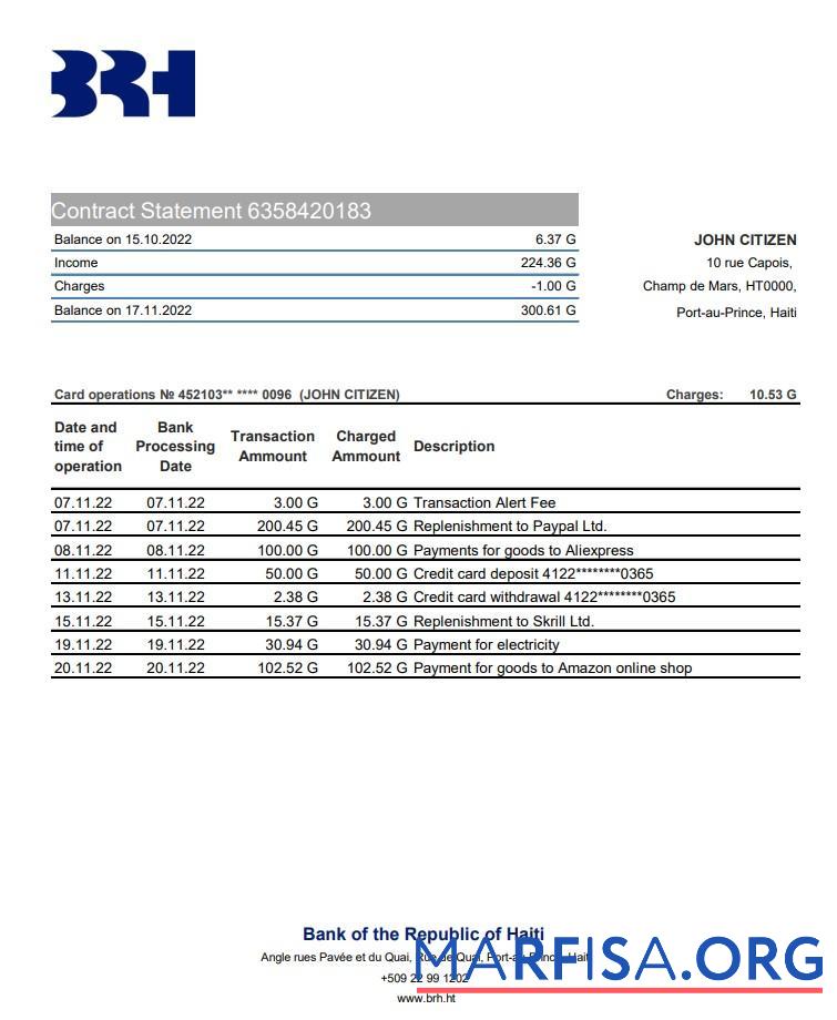 Realistic Haiti BRH bank statement excel sample